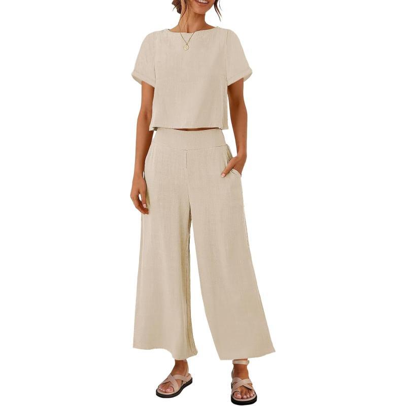 imageZESICA Womens 2 Piece Outfits Linen Short Sleeve Crop Top and High Waist Pants Lounge Matching Set 2023 Trendy ClothesApricot