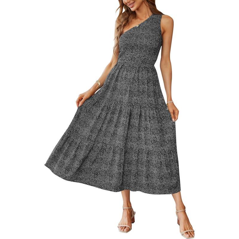 imageZESICA Womens 2023 Bohemian Summer Floral Print One Shoulder Sleeveless Smocked Ruffle Tiered Beach Long Midi DressCharcoal