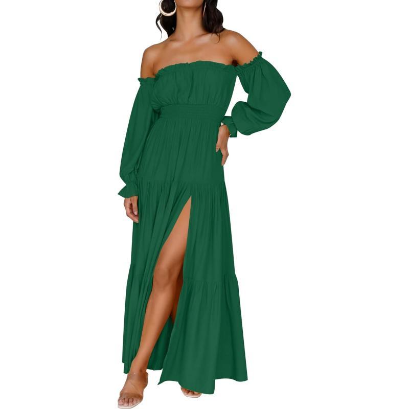 imageZESICA Womens 2023 Boho Sexy Off Shoulder Long Sleeve Smocked High Waist Side Split Flowy A Line Tiered Long Maxi DressDarkgreen