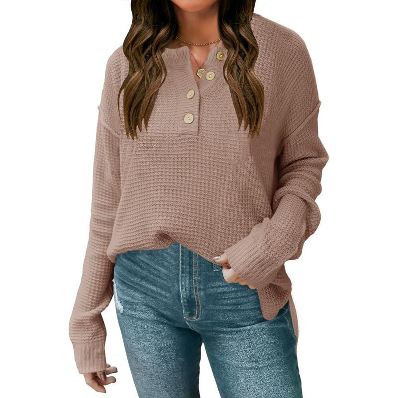 imageZESICA Womens 2023 Casual V Neck Sweater Loose Long Sleeve Waffle Knit Button Henley Pullover Jumper TopKhakipink