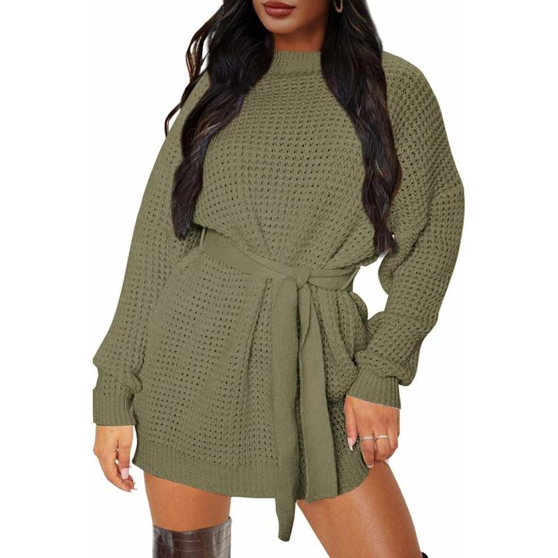 imageZESICA Womens 2023 Fall Long Sleeve Solid Color Waffle Knitted Tie Wasit Tunic Pullover Sweater DressZESICA Womens 2023 Fall Long Sleeve Solid Color Waffle Knitted Tie Wasit Tunic Pullover Sweater Dress
