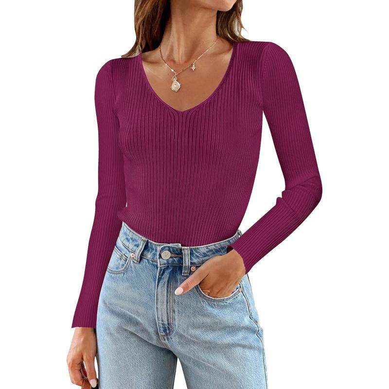 imageZESICA Womens 2024 Fall Long Sleeve V Neck T Shirts Ribbed Knit Sweater Slim Fit Solid Basic Casual Tee TopsEggplant