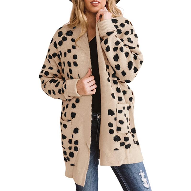 imageZESICA Womens 2024 Fall Winter Long Sleeves Open Front Leopard Print Knitted Sweater Cardigan Coat OutwearLight Khaki