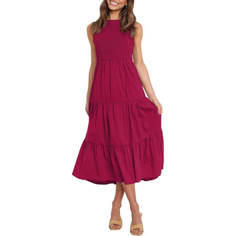 imageZESICA Womens 2024 Summer Casual Sleeveless Crew Neck Smocked High Waist Flowy Tiered A Line Midi DressPlum