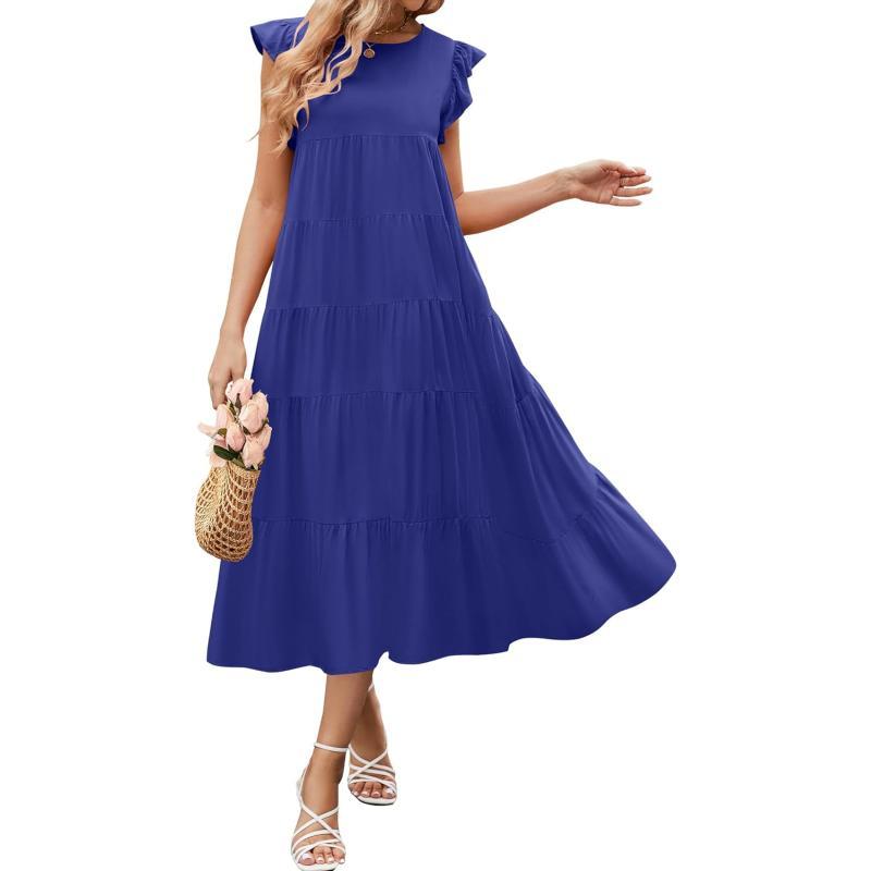 imageZESICA Womens 2024 Summer Ruffle Cap Sleeve Crewneck Casual Loose Flowy Pleated Tiered Midi Dresses with PocketsRoyalblue