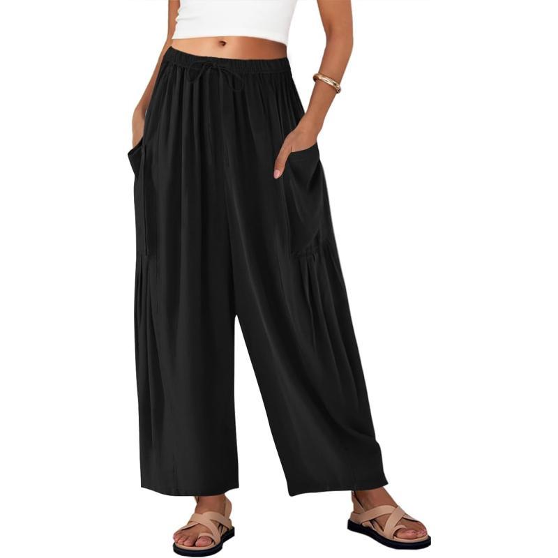 imageZESICA Womens Linen Wide Leg Pants High Waist Drawstring Casual Loose Flowy Palazzo Harem Trousers with PocketsBlack