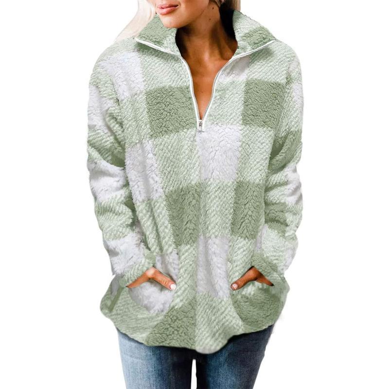 imageZESICA Womens Plaid Long Sleeve Zipper Sherpa Fleece Sweatshirt Pullover Jacket CoatLightgreen