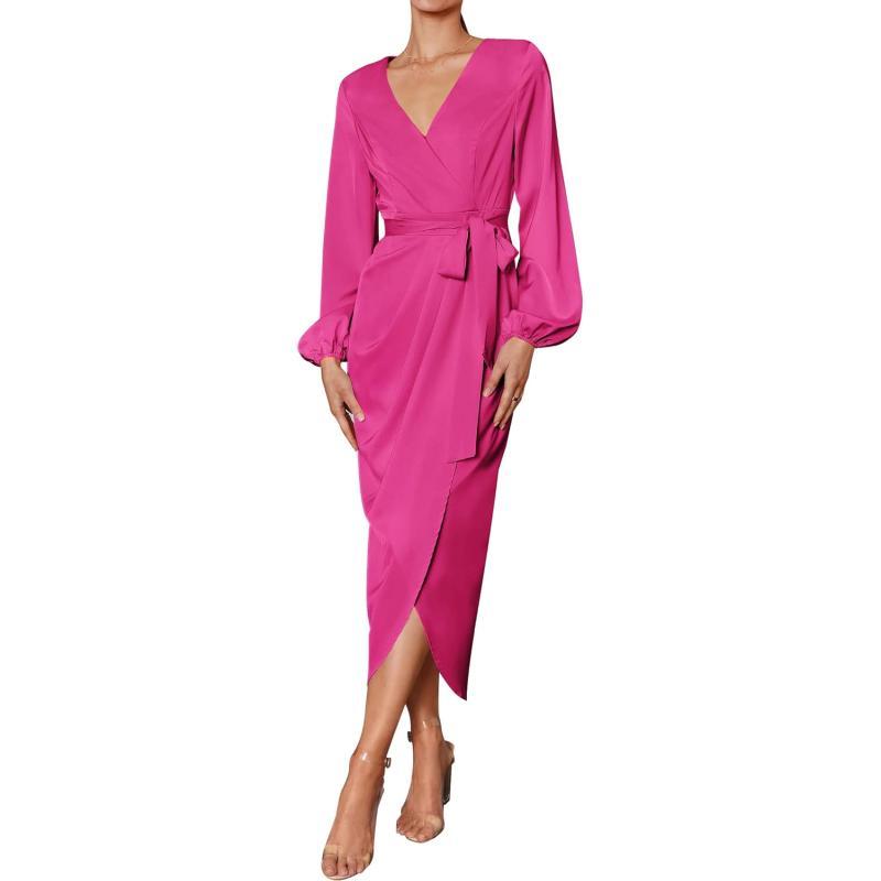 imageZESICA Womens Satin V Neck Bodycon Dress Long Sleeve Ruched Tie Waist Wrap Split Cocktail Party Midi DressesRustSmallRose Small