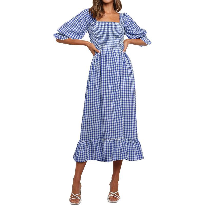 imageZESICA Womens Summer Casual Plaid Square Neck Puff 34 Sleeve Backless Smocked Ruffle Swing Midi DressRoyalblue