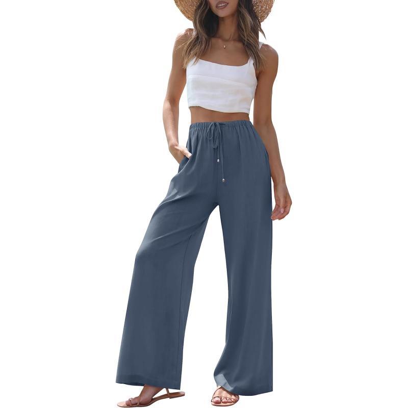 imageZESICA Womens Summer Linen Wide Leg Flowy Palazzo Pants Casual High Waisted Loose Trousers with PocketsDustyblue