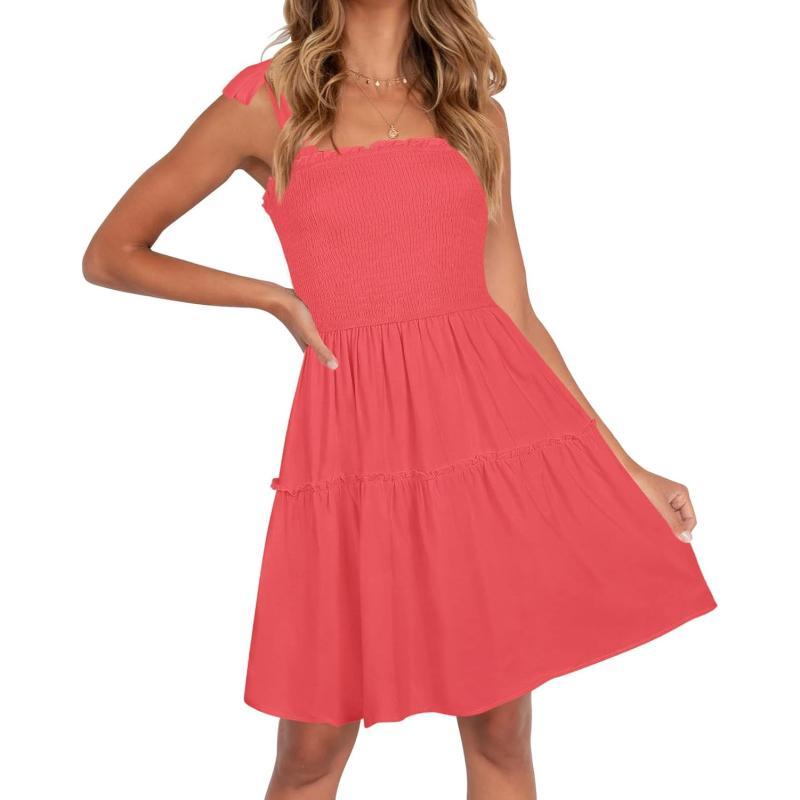 imageZESICA Womens Summer Spaghetti Strap Sleeveless Square Neck Ruffle A Line Swing Mini DressWatermelon