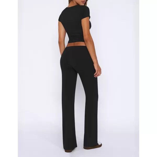 imageZESCA Womens 2 Piece Lounge Sets Casual Y2K Outfits Short Sleeve Crop Top Fold over Flare Pants TracksuitsBlack