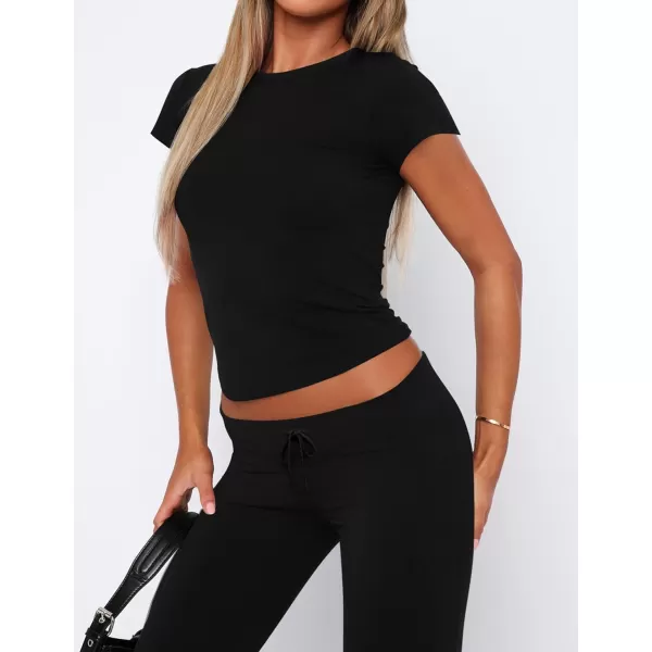 imageZESCA Womens 2 Piece Lounge Sets Casual Y2K Outfits Short Sleeve Crop Top Fold over Flare Pants TracksuitsBlack