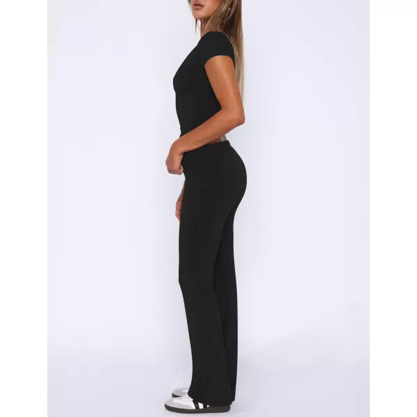 imageZESCA Womens 2 Piece Lounge Sets Casual Y2K Outfits Short Sleeve Crop Top Fold over Flare Pants TracksuitsBlack