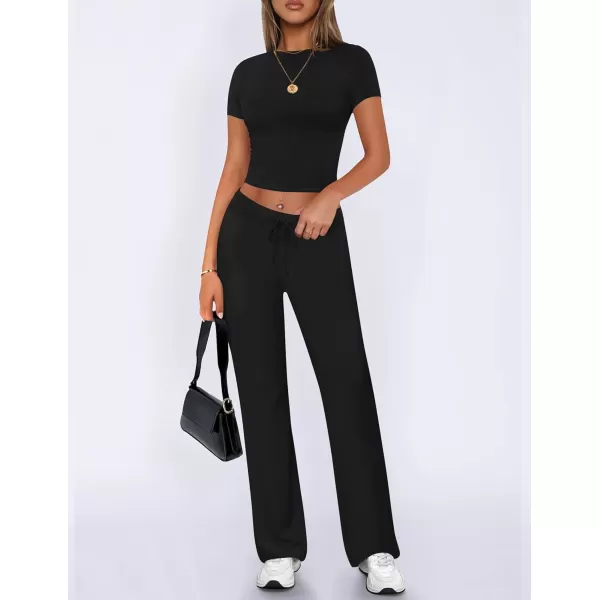 imageZESCA Womens 2 Piece Lounge Sets Casual Y2K Outfits Short Sleeve Crop Top Fold over Flare Pants TracksuitsBlack