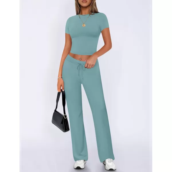imageZESCA Womens 2 Piece Lounge Sets Casual Y2K Outfits Short Sleeve Crop Top Fold over Flare Pants TracksuitsBlue