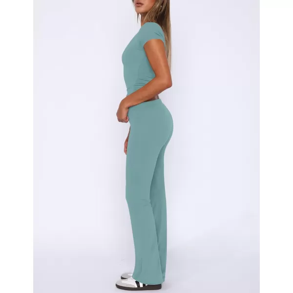 imageZESCA Womens 2 Piece Lounge Sets Casual Y2K Outfits Short Sleeve Crop Top Fold over Flare Pants TracksuitsBlue