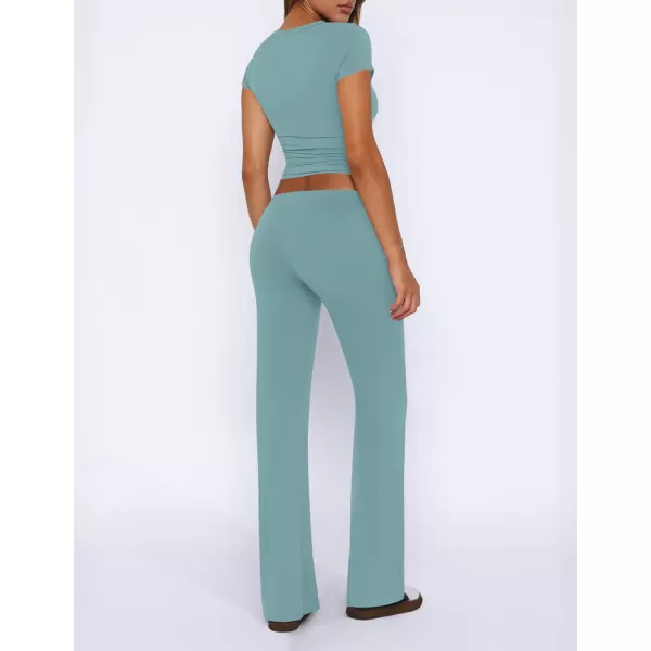 imageZESCA Womens 2 Piece Lounge Sets Casual Y2K Outfits Short Sleeve Crop Top Fold over Flare Pants TracksuitsBlue