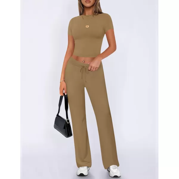 imageZESCA Womens 2 Piece Lounge Sets Casual Y2K Outfits Short Sleeve Crop Top Fold over Flare Pants TracksuitsBrown