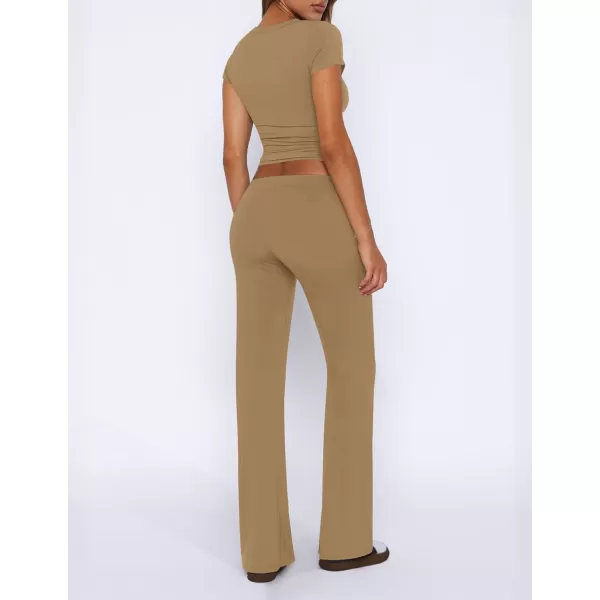 imageZESCA Womens 2 Piece Lounge Sets Casual Y2K Outfits Short Sleeve Crop Top Fold over Flare Pants TracksuitsBrown