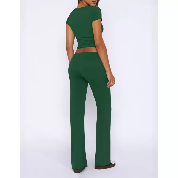imageZESCA Womens 2 Piece Lounge Sets Casual Y2K Outfits Short Sleeve Crop Top Fold over Flare Pants TracksuitsGreen