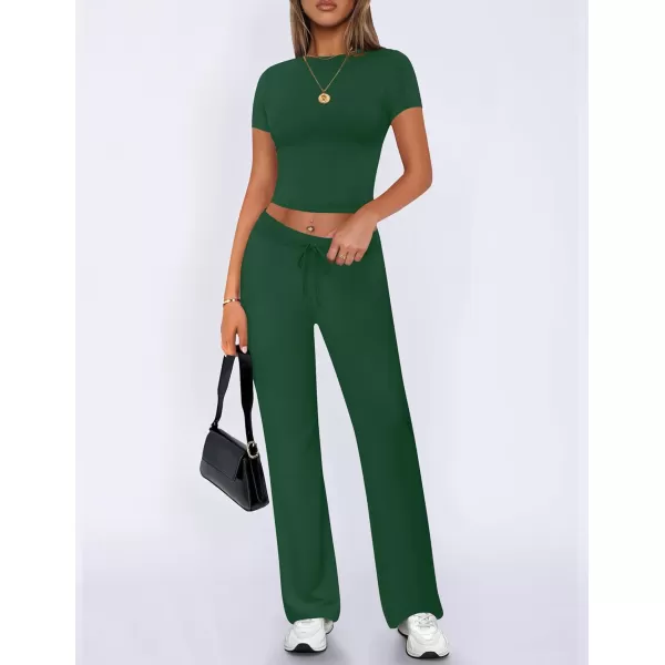 imageZESCA Womens 2 Piece Lounge Sets Casual Y2K Outfits Short Sleeve Crop Top Fold over Flare Pants TracksuitsGreen