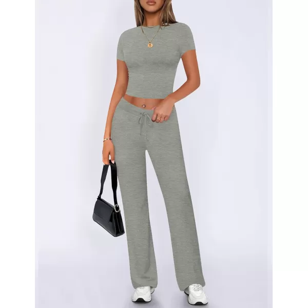 imageZESCA Womens 2 Piece Lounge Sets Casual Y2K Outfits Short Sleeve Crop Top Fold over Flare Pants TracksuitsGrey