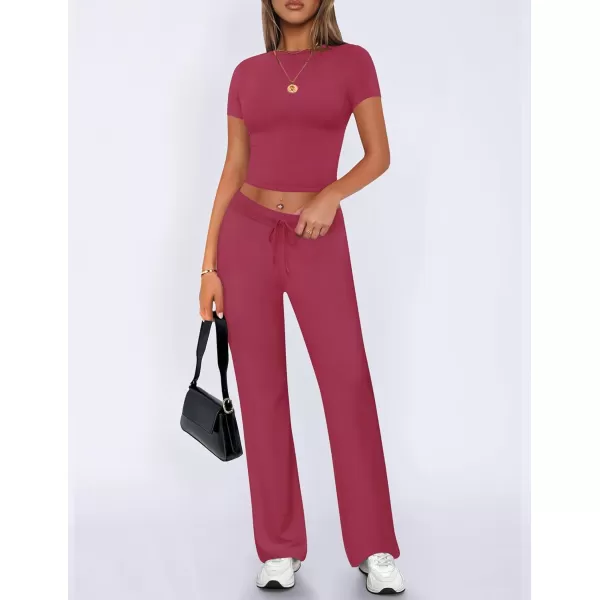 imageZESCA Womens 2 Piece Lounge Sets Casual Y2K Outfits Short Sleeve Crop Top Fold over Flare Pants TracksuitsHot Pink