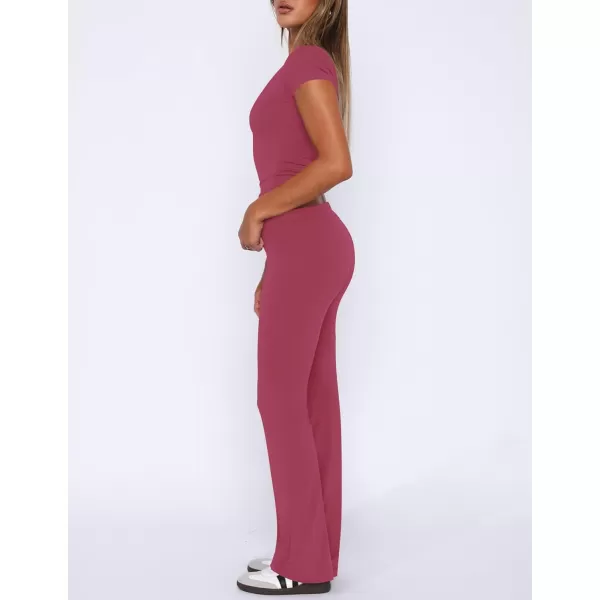 imageZESCA Womens 2 Piece Lounge Sets Casual Y2K Outfits Short Sleeve Crop Top Fold over Flare Pants TracksuitsHot Pink
