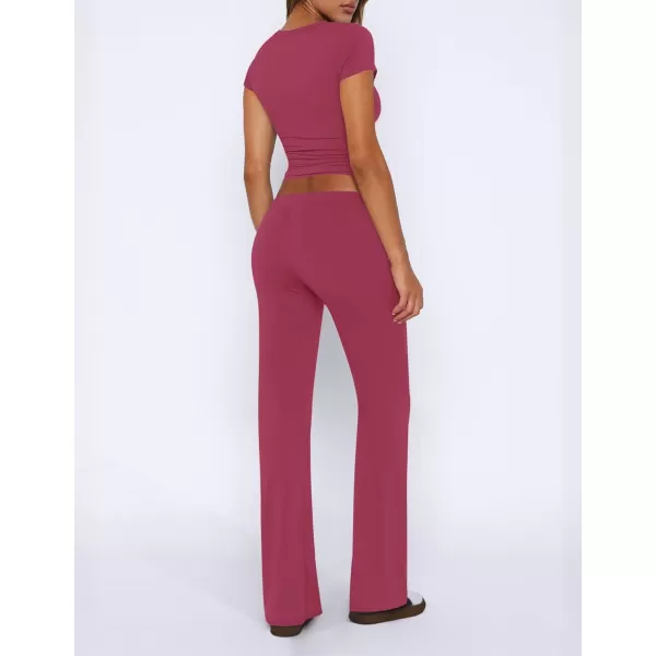 imageZESCA Womens 2 Piece Lounge Sets Casual Y2K Outfits Short Sleeve Crop Top Fold over Flare Pants TracksuitsHot Pink