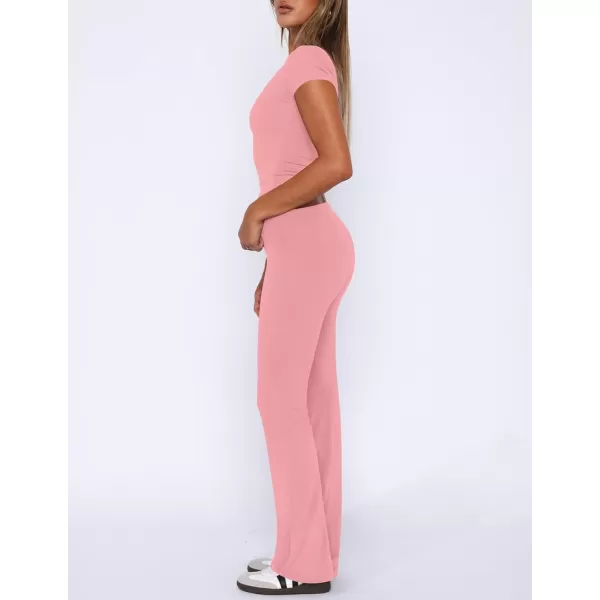 imageZESCA Womens 2 Piece Lounge Sets Casual Y2K Outfits Short Sleeve Crop Top Fold over Flare Pants TracksuitsPink