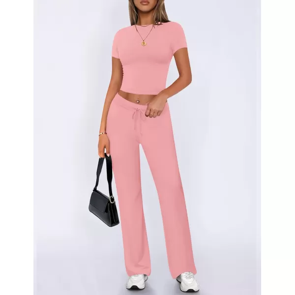 imageZESCA Womens 2 Piece Lounge Sets Casual Y2K Outfits Short Sleeve Crop Top Fold over Flare Pants TracksuitsPink