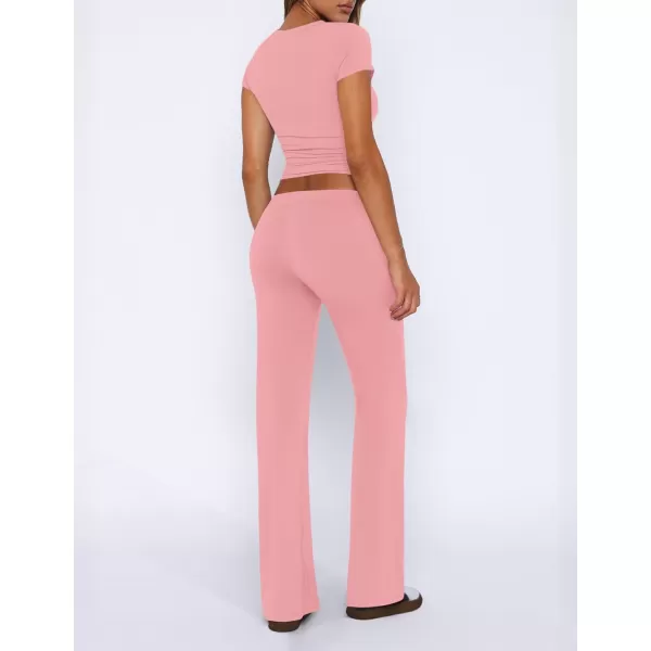imageZESCA Womens 2 Piece Lounge Sets Casual Y2K Outfits Short Sleeve Crop Top Fold over Flare Pants TracksuitsPink