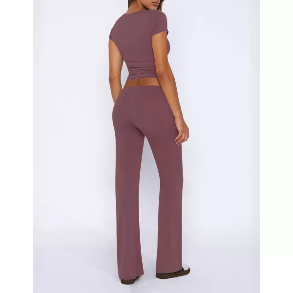 imageZESCA Womens 2 Piece Lounge Sets Casual Y2K Outfits Short Sleeve Crop Top Fold over Flare Pants TracksuitsPurple