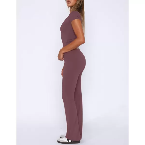 imageZESCA Womens 2 Piece Lounge Sets Casual Y2K Outfits Short Sleeve Crop Top Fold over Flare Pants TracksuitsPurple