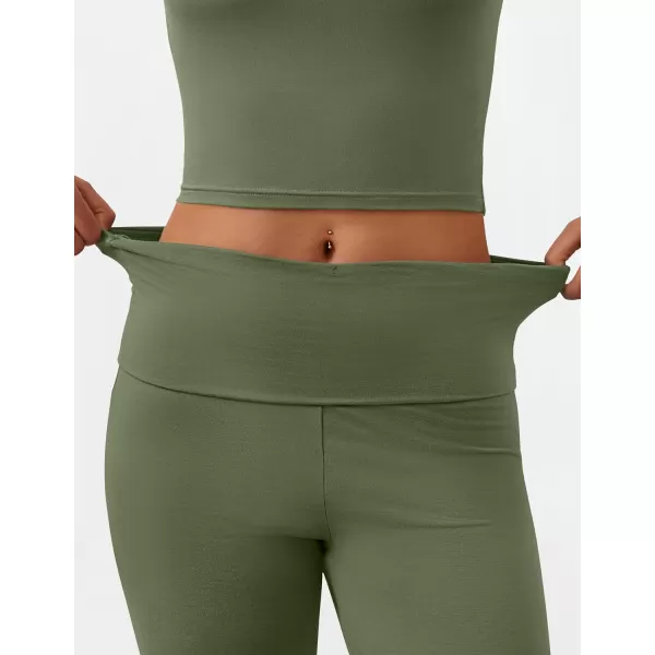imageZESCA Womens 2 Piece Outfits Lounge Sets Causal Short Sleeve Knit Crop Top Fold over Flare Pants TracksuitsArmy Green