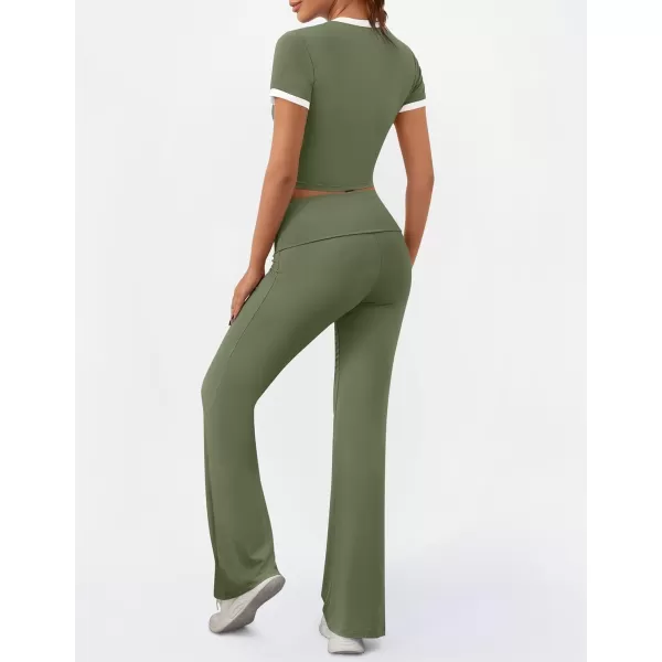 imageZESCA Womens 2 Piece Outfits Lounge Sets Causal Short Sleeve Knit Crop Top Fold over Flare Pants TracksuitsArmy Green
