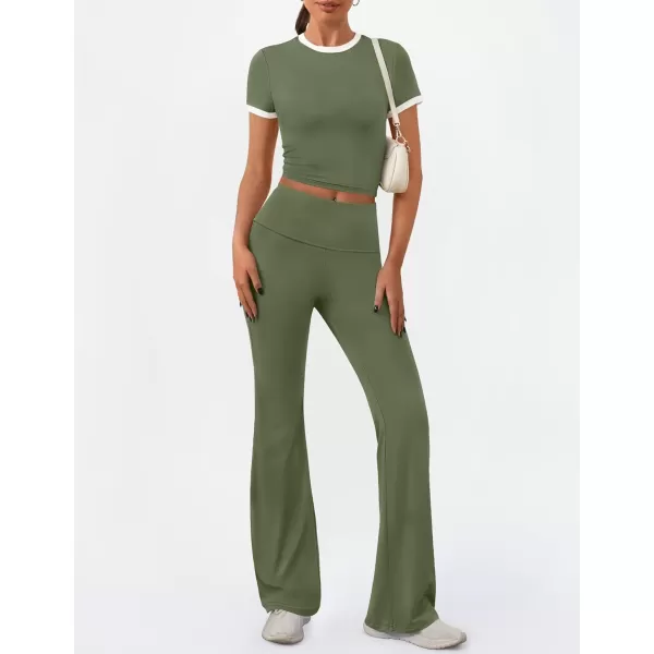 imageZESCA Womens 2 Piece Outfits Lounge Sets Causal Short Sleeve Knit Crop Top Fold over Flare Pants TracksuitsArmy Green