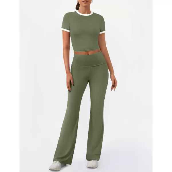 imageZESCA Womens 2 Piece Outfits Lounge Sets Causal Short Sleeve Knit Crop Top Fold over Flare Pants TracksuitsArmy Green