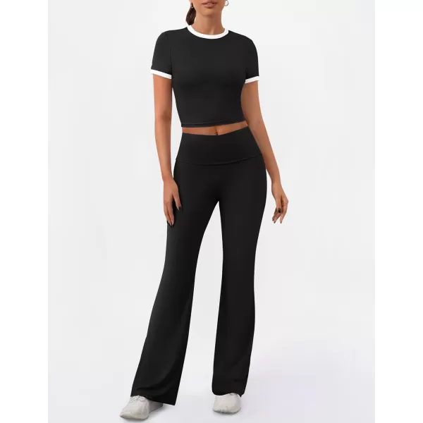 imageZESCA Womens 2 Piece Outfits Lounge Sets Causal Short Sleeve Knit Crop Top Fold over Flare Pants TracksuitsBlack