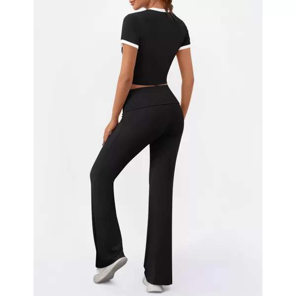 imageZESCA Womens 2 Piece Outfits Lounge Sets Causal Short Sleeve Knit Crop Top Fold over Flare Pants TracksuitsBlack