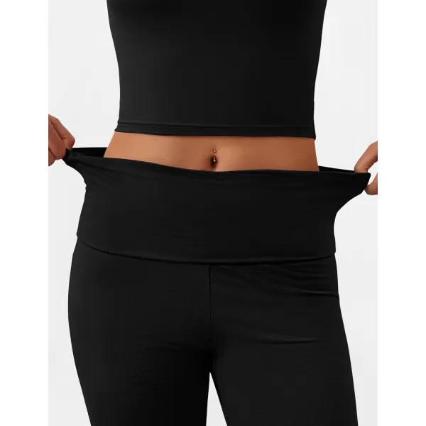 imageZESCA Womens 2 Piece Outfits Lounge Sets Causal Short Sleeve Knit Crop Top Fold over Flare Pants TracksuitsBlack