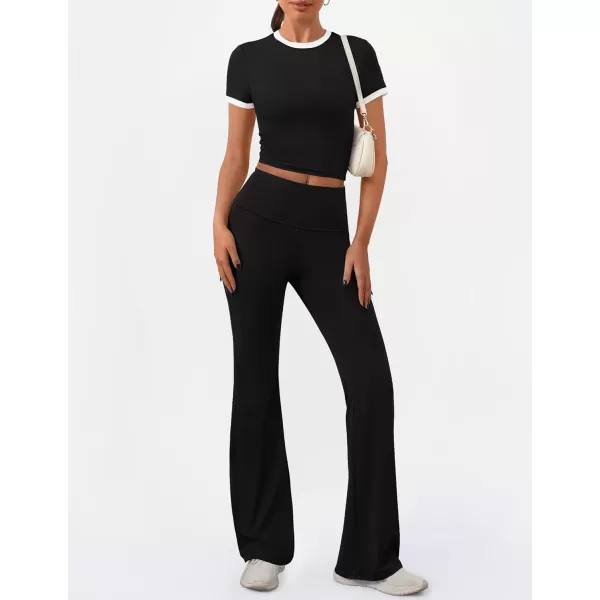 imageZESCA Womens 2 Piece Outfits Lounge Sets Causal Short Sleeve Knit Crop Top Fold over Flare Pants TracksuitsBlack