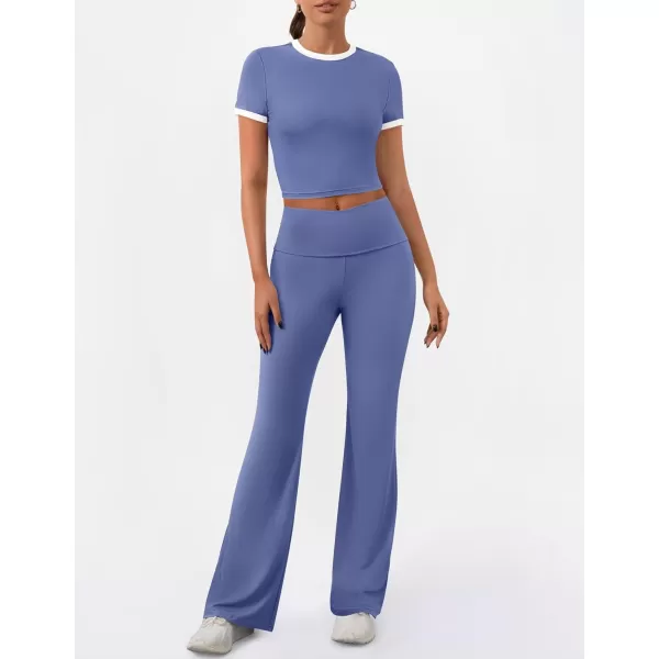 imageZESCA Womens 2 Piece Outfits Lounge Sets Causal Short Sleeve Knit Crop Top Fold over Flare Pants TracksuitsBlue