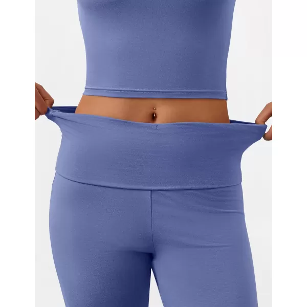 imageZESCA Womens 2 Piece Outfits Lounge Sets Causal Short Sleeve Knit Crop Top Fold over Flare Pants TracksuitsBlue