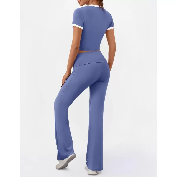 imageZESCA Womens 2 Piece Outfits Lounge Sets Causal Short Sleeve Knit Crop Top Fold over Flare Pants TracksuitsBlue