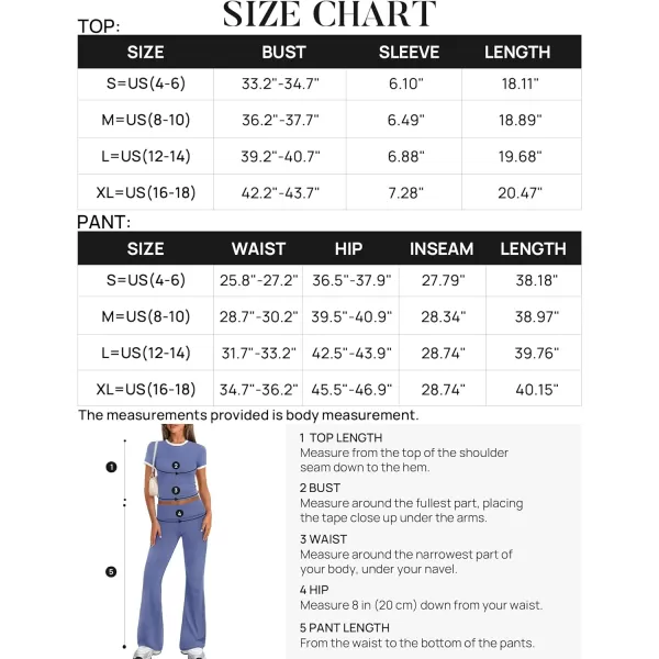 imageZESCA Womens 2 Piece Outfits Lounge Sets Causal Short Sleeve Knit Crop Top Fold over Flare Pants TracksuitsBlue