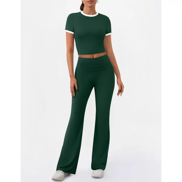 imageZESCA Womens 2 Piece Outfits Lounge Sets Causal Short Sleeve Knit Crop Top Fold over Flare Pants TracksuitsGreen