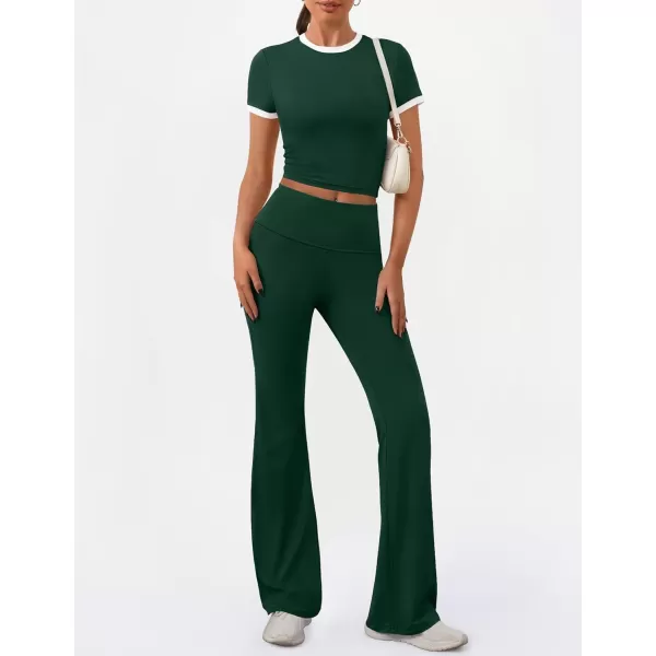 imageZESCA Womens 2 Piece Outfits Lounge Sets Causal Short Sleeve Knit Crop Top Fold over Flare Pants TracksuitsGreen