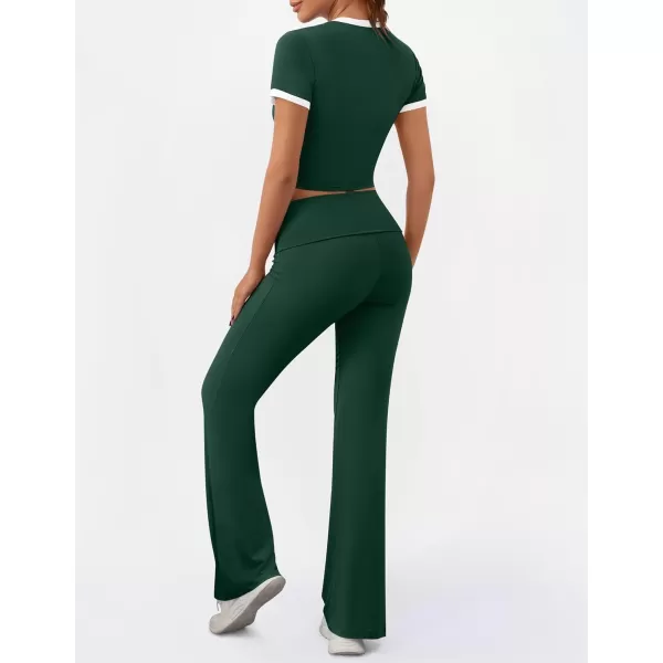 imageZESCA Womens 2 Piece Outfits Lounge Sets Causal Short Sleeve Knit Crop Top Fold over Flare Pants TracksuitsGreen
